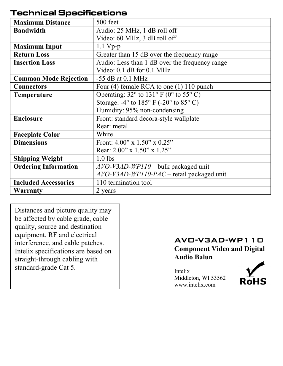 Avo-v3ad-wp110, Technical specifications | Intelix AVO-V3AD-WP110 User Manual | Page 4 / 4