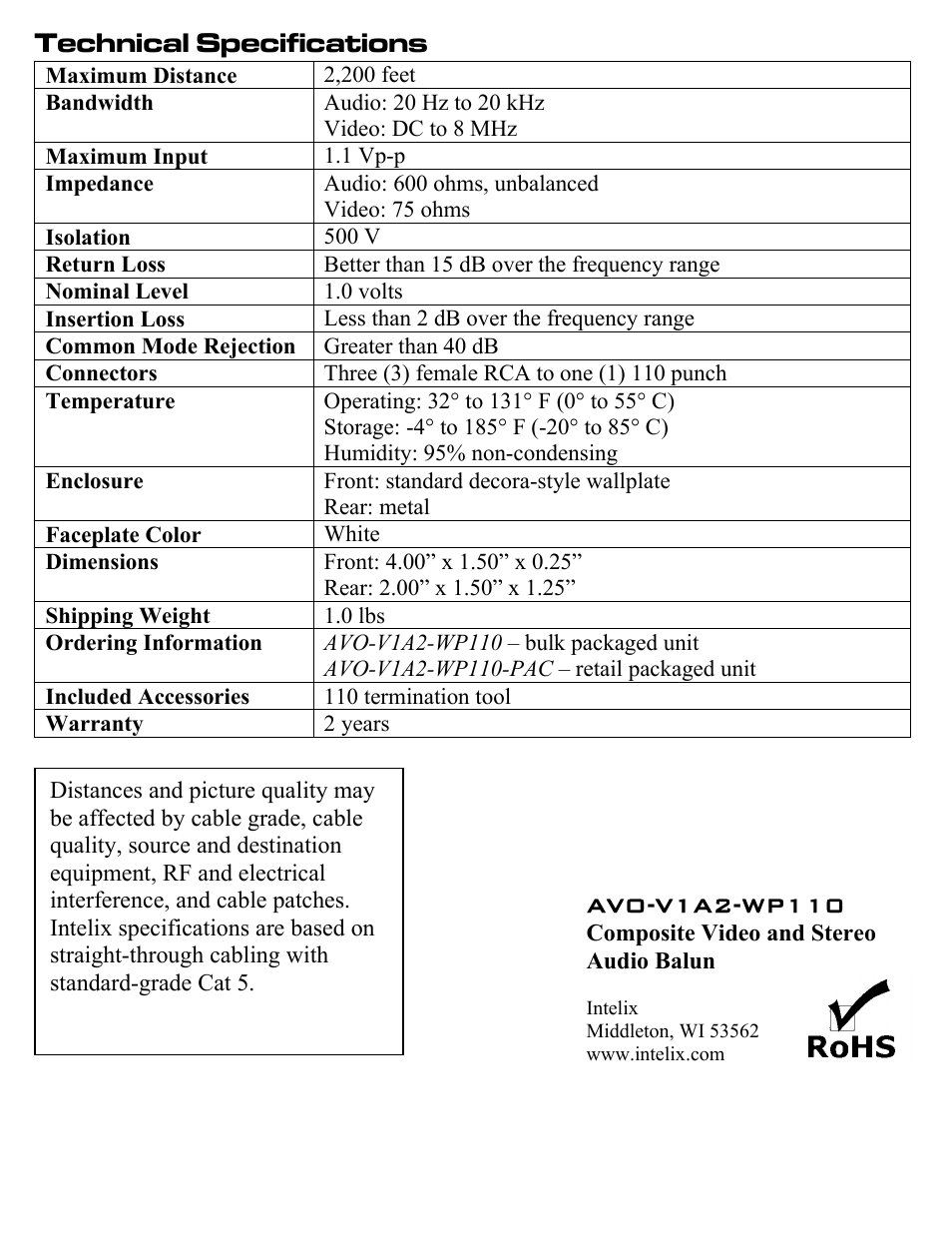 Technical specifications | Intelix AVO-V1A2-WP110 User Manual | Page 4 / 4