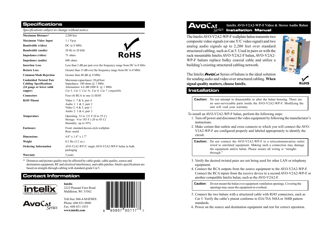 Intelix AVO-V2A2-WP-F User Manual | 2 pages