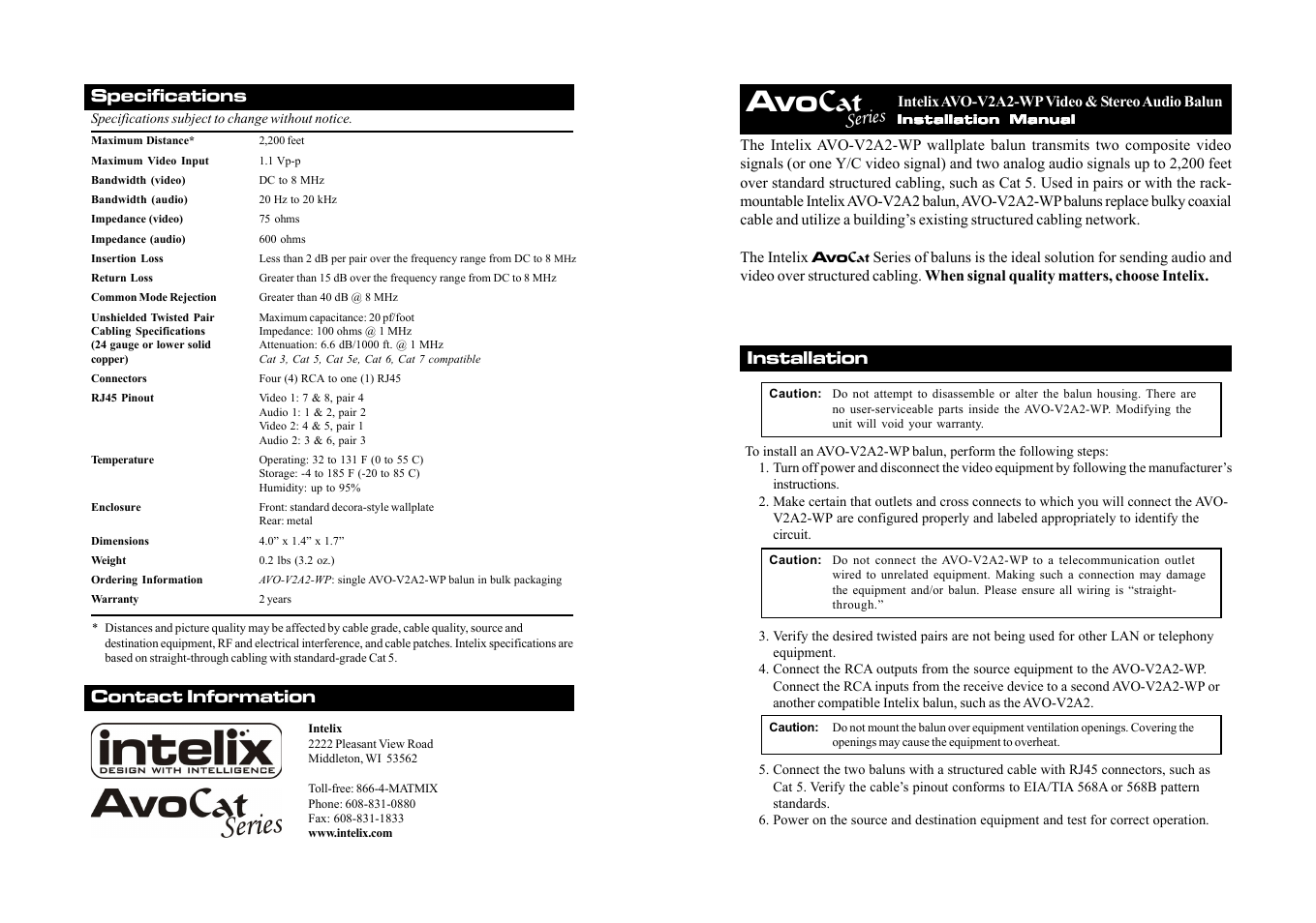 Intelix AVO-V2A2-WP User Manual | 2 pages