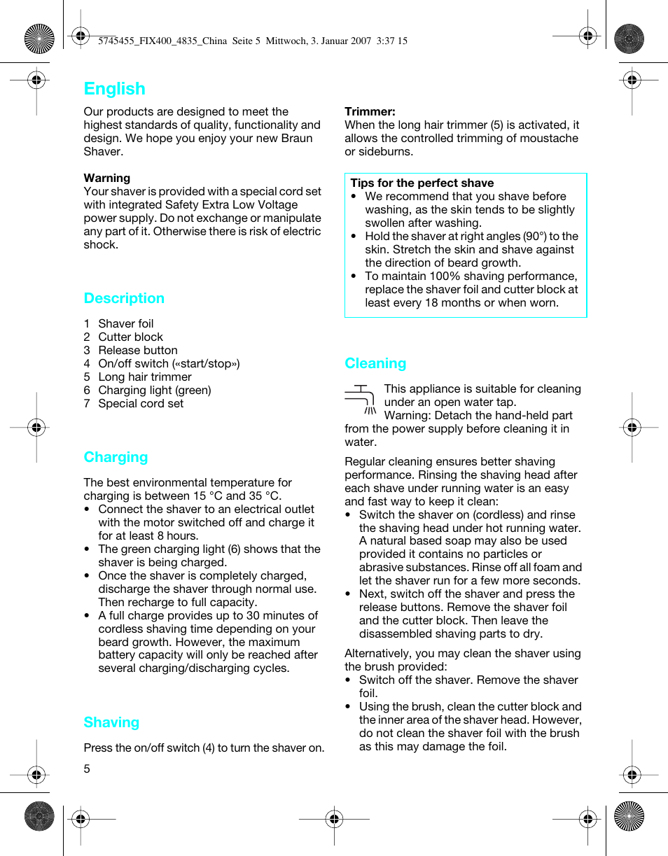 English, Description, Charging | Shaving, Cleaning | Braun 4835 User Manual | Page 5 / 6