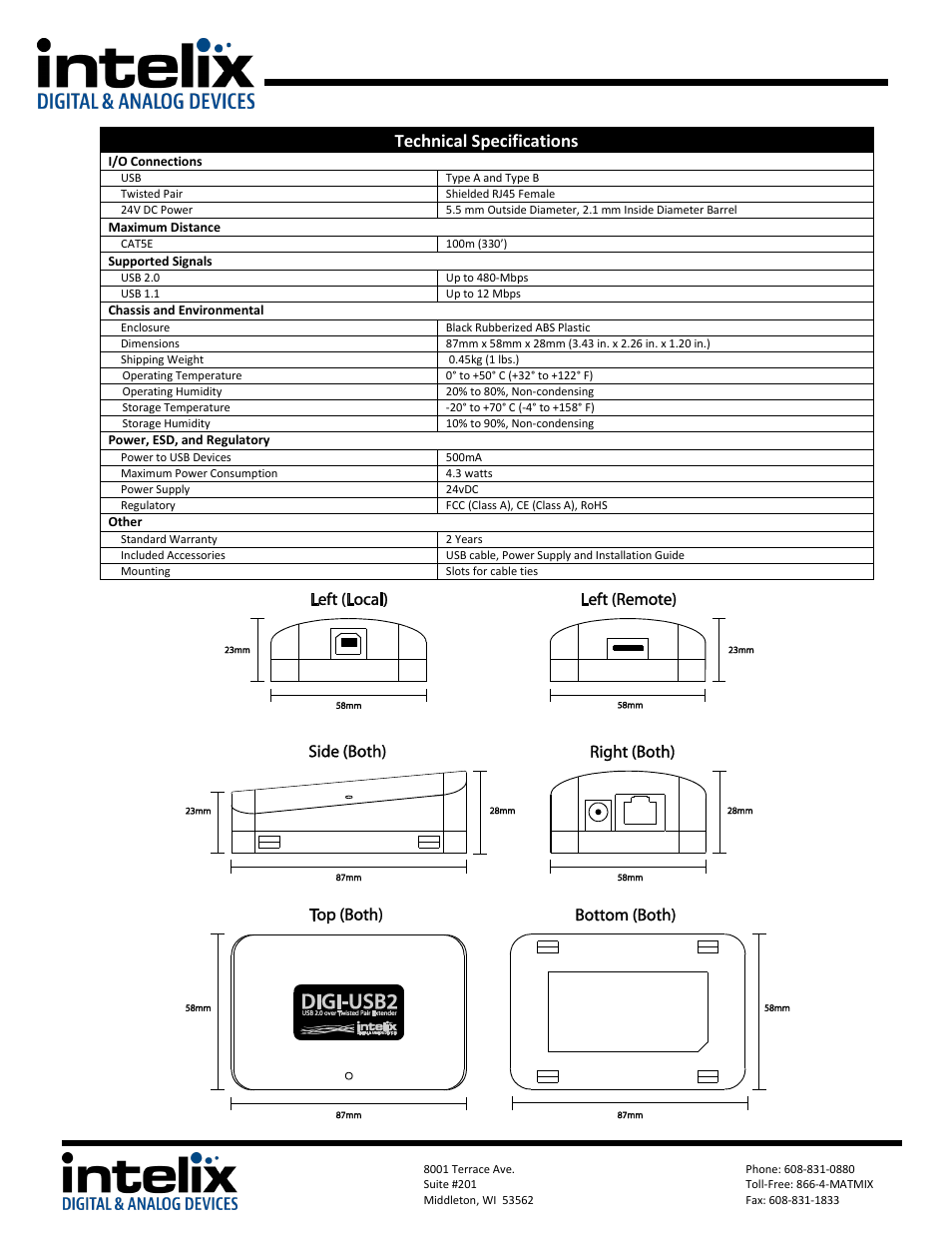 Technical specifications | Intelix DIGI-USB2 User Manual | Page 2 / 2