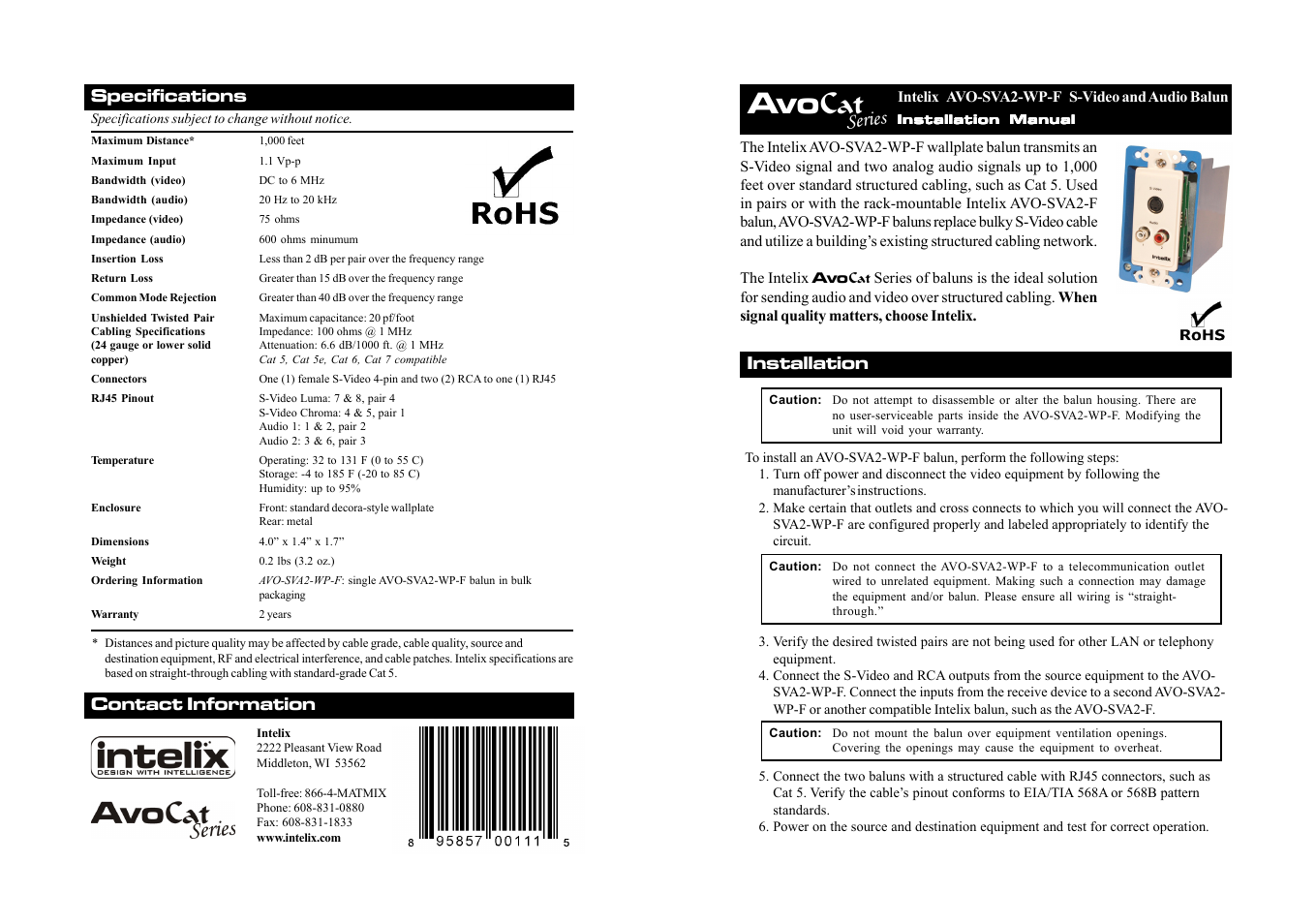 Intelix AVO-SVA2-WP-F User Manual | 2 pages