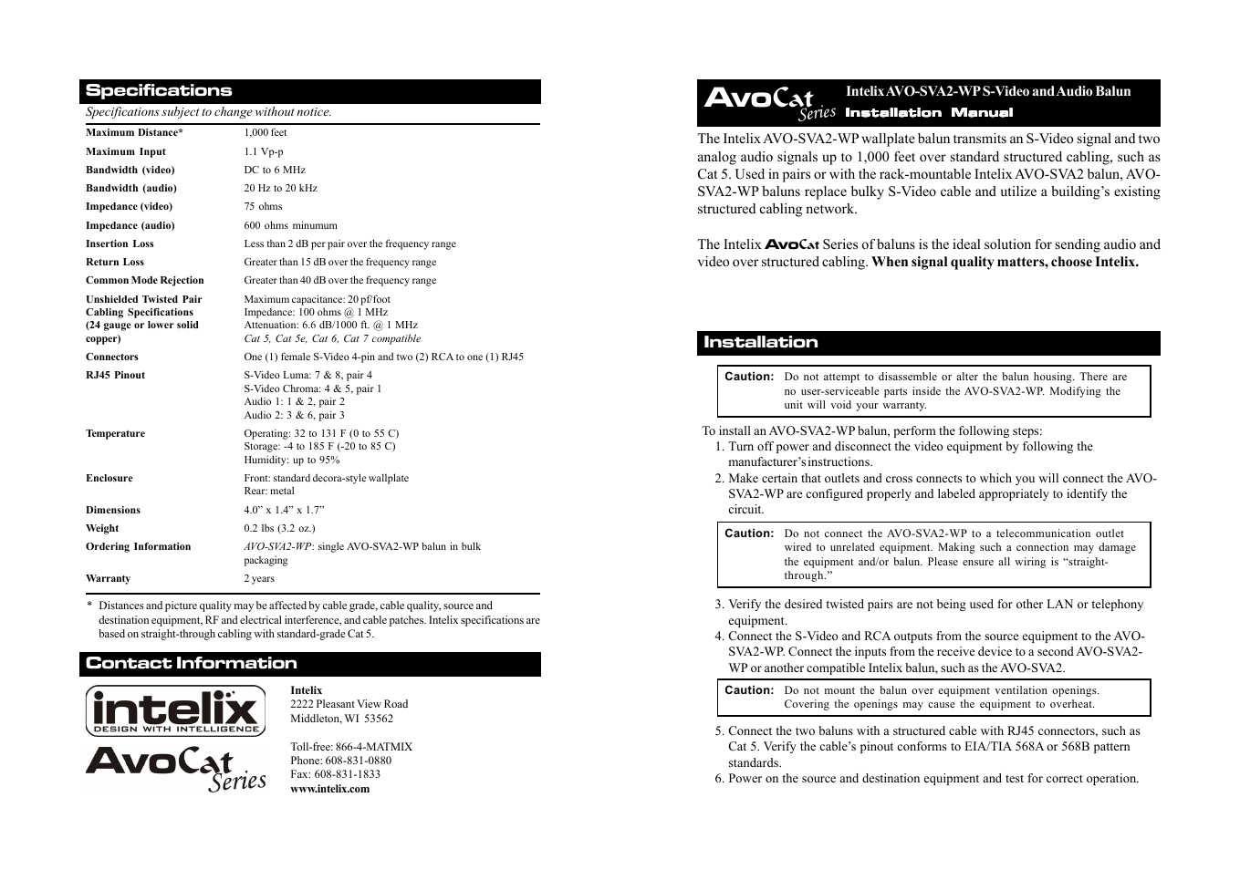 Intelix AVO-SVA2-WP User Manual | 2 pages