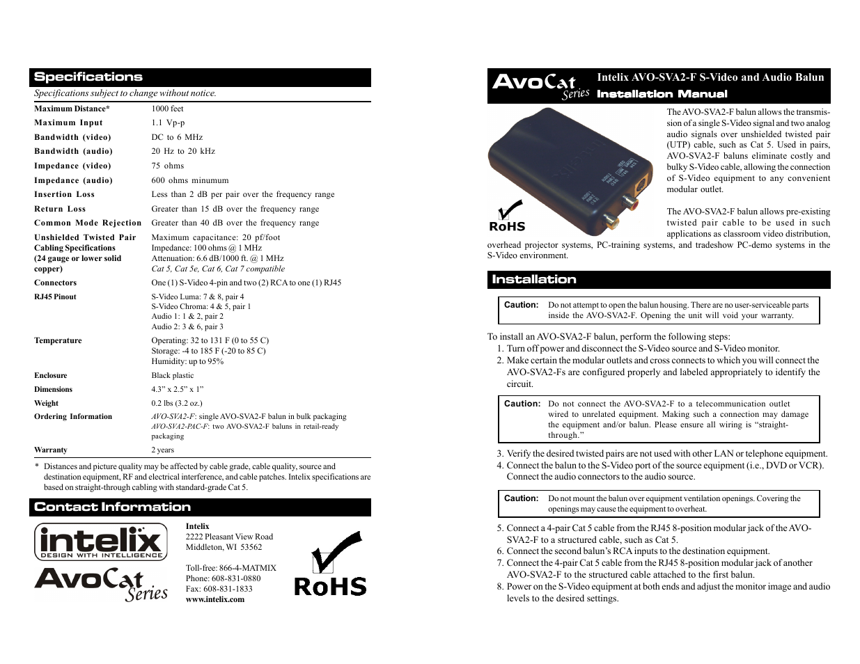 Intelix AVO-SVA2-F User Manual | 2 pages
