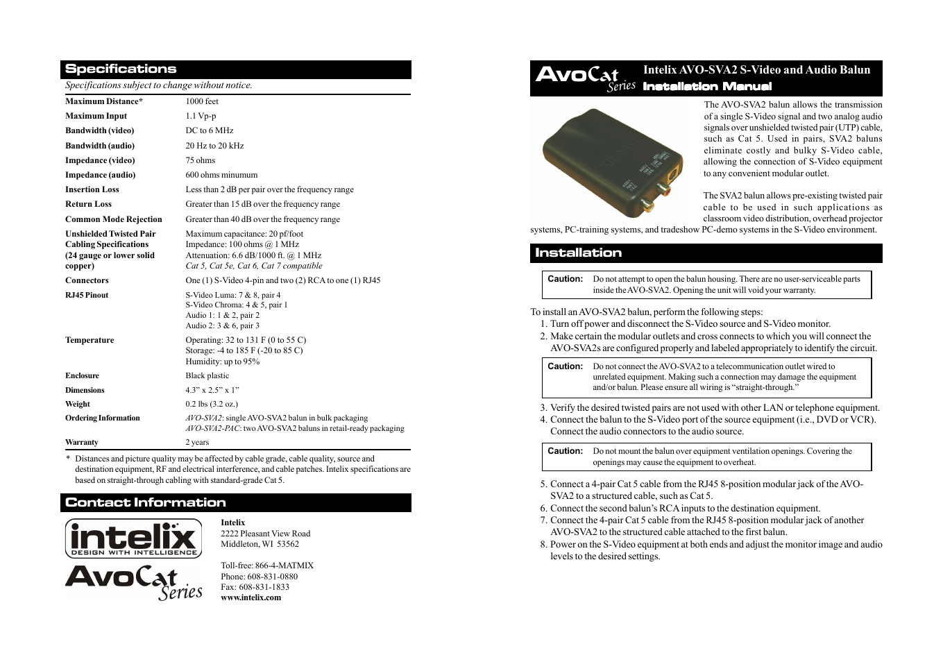 Intelix AVO-SVA2 User Manual | 2 pages