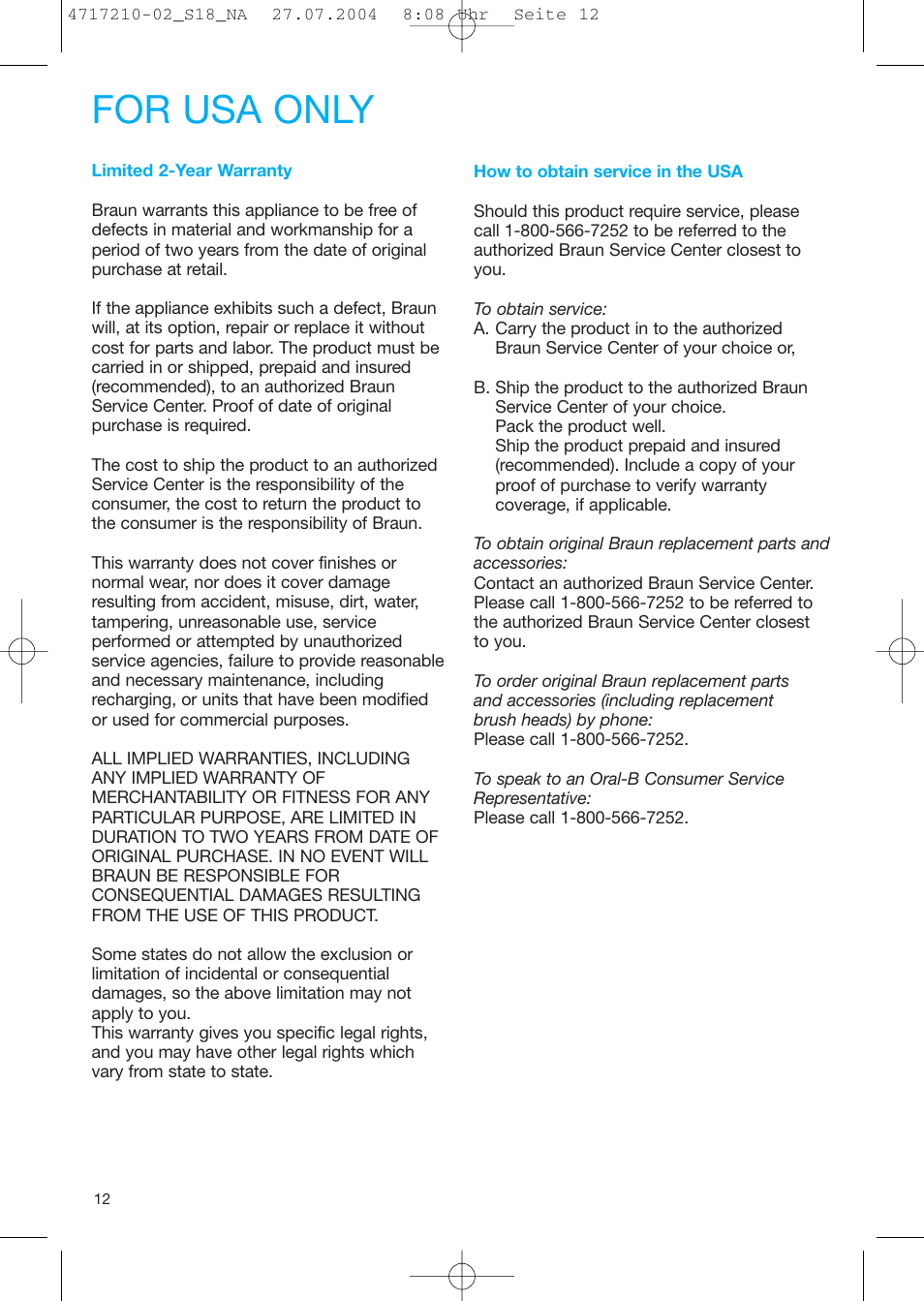 For usa only | Braun Sonic Complete none User Manual | Page 11 / 37