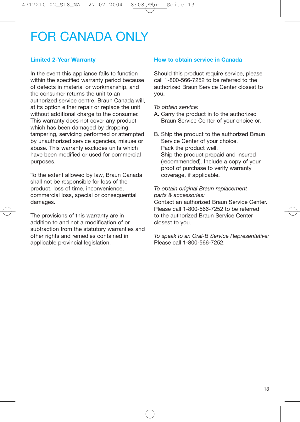 For canada only | Braun Sonic Complete none User Manual | Page 12 / 37
