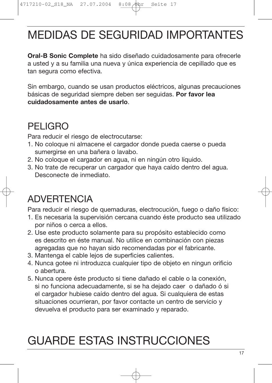 Medidas de seguridad importantes, Guarde estas instrucciones, Peligro | Advertencia | Braun Sonic Complete none User Manual | Page 16 / 37
