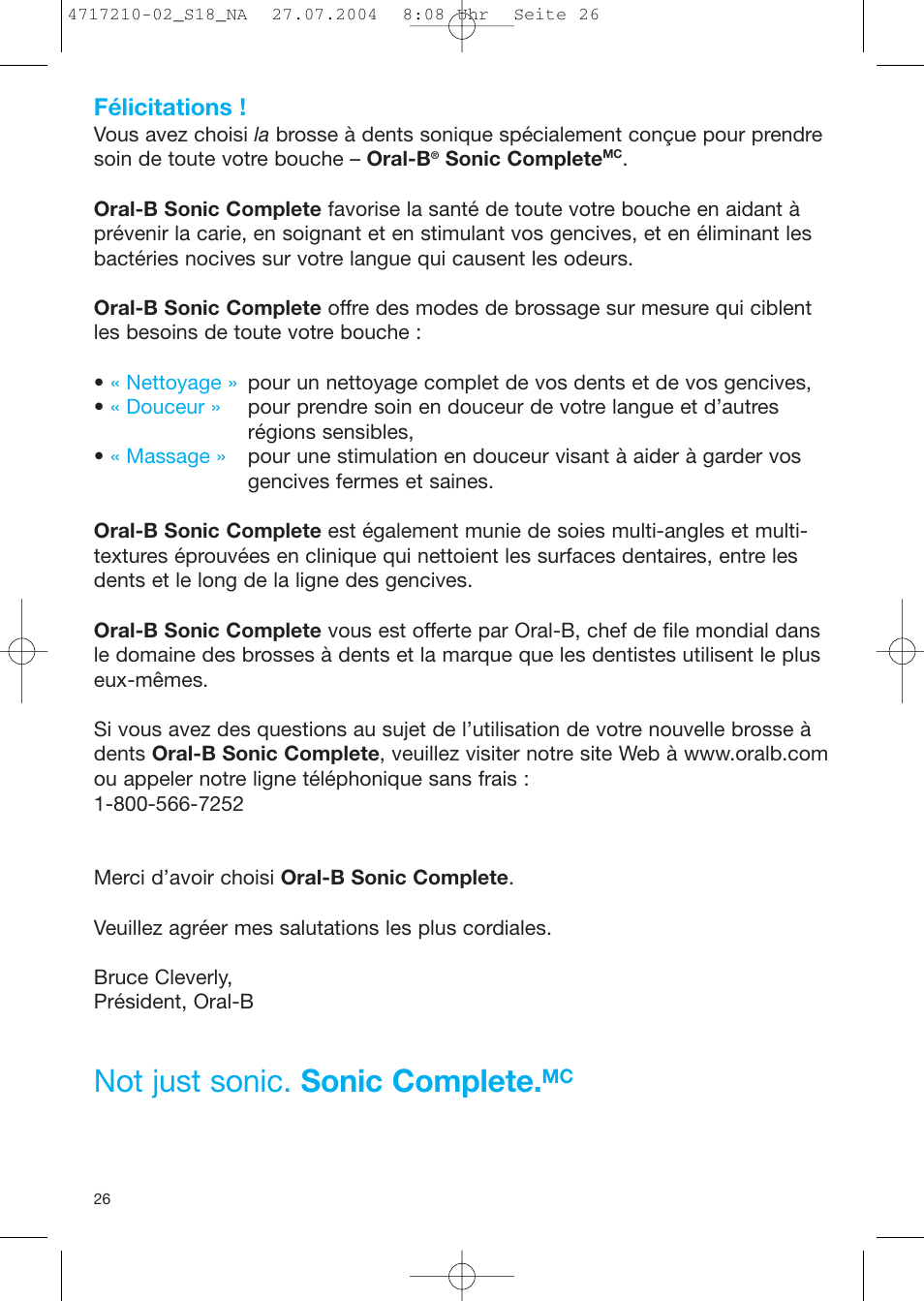 Not just sonic. sonic complete, Félicitations | Braun Sonic Complete none User Manual | Page 25 / 37