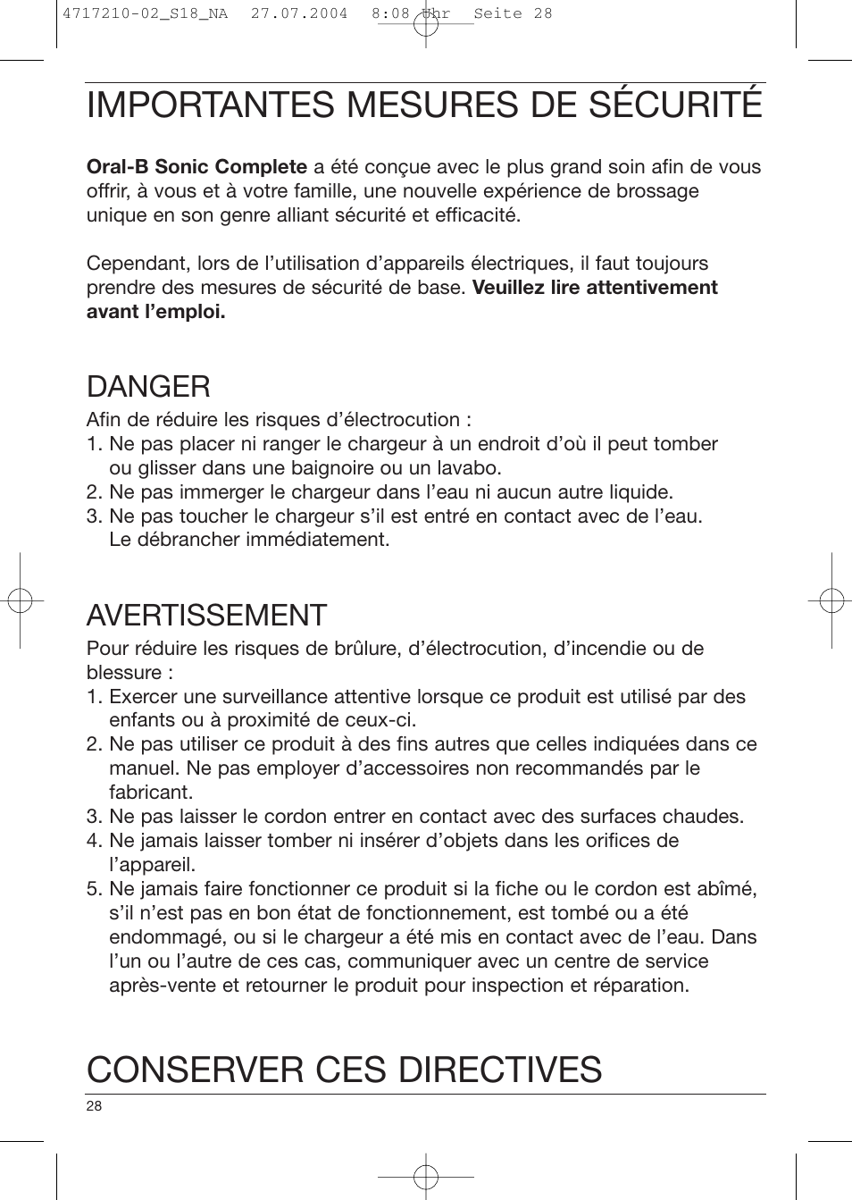 Importantes mesures de sécurité, Conserver ces directives, Danger | Avertissement | Braun Sonic Complete none User Manual | Page 27 / 37