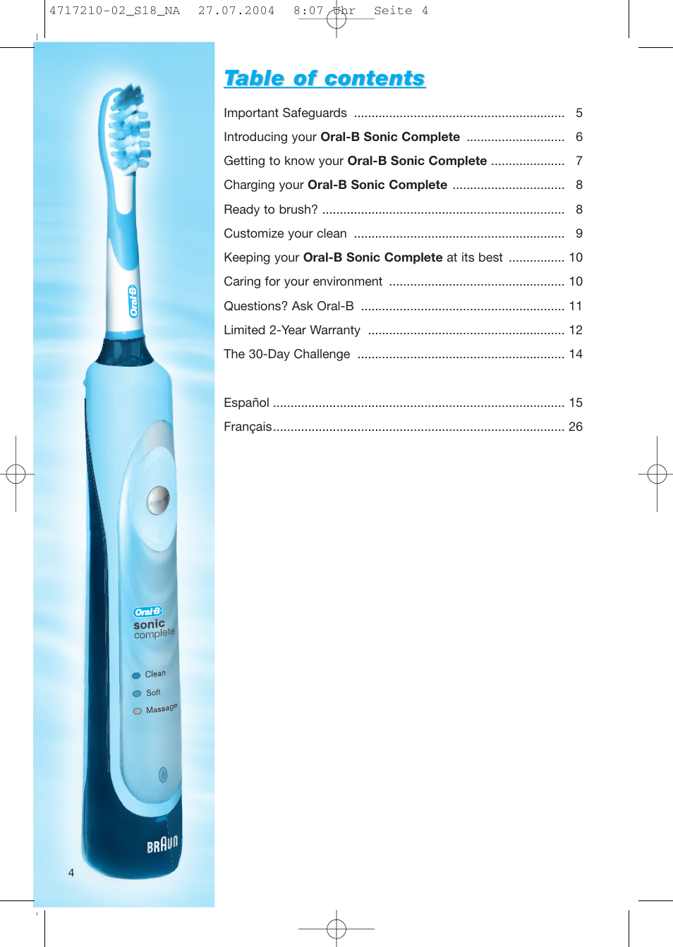 Table of contents able of contents | Braun Sonic Complete none User Manual | Page 3 / 37