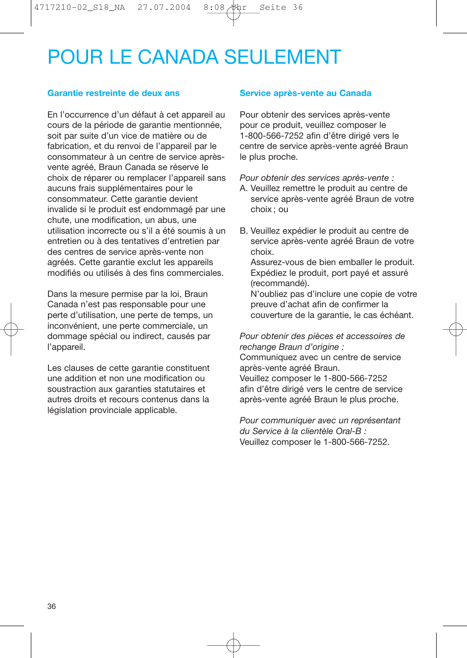 Pour le canada seulement | Braun Sonic Complete none User Manual | Page 35 / 37