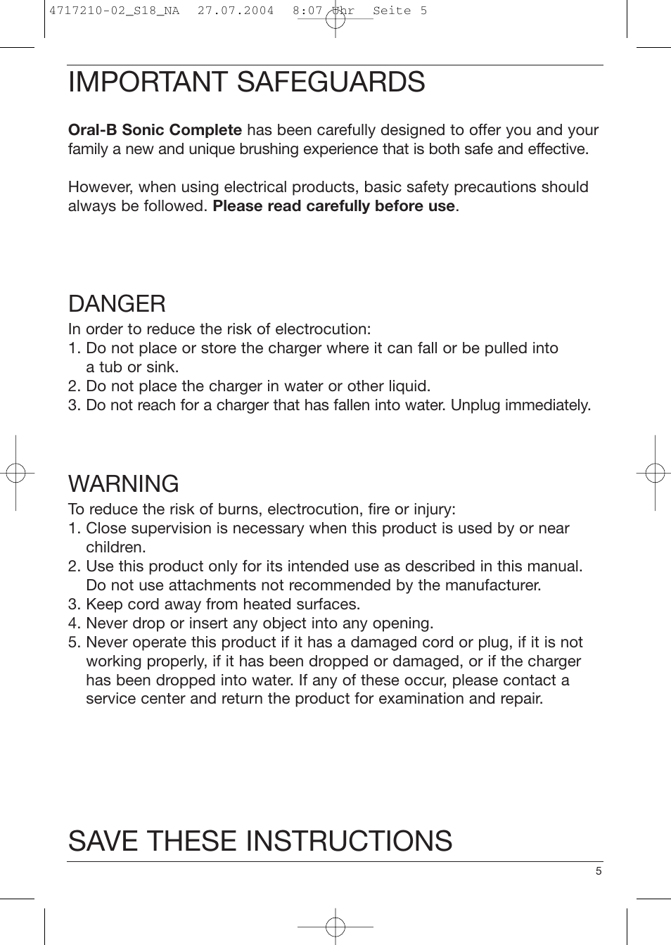 Important safeguards, Save these instructions, Danger | Warning | Braun Sonic Complete none User Manual | Page 4 / 37