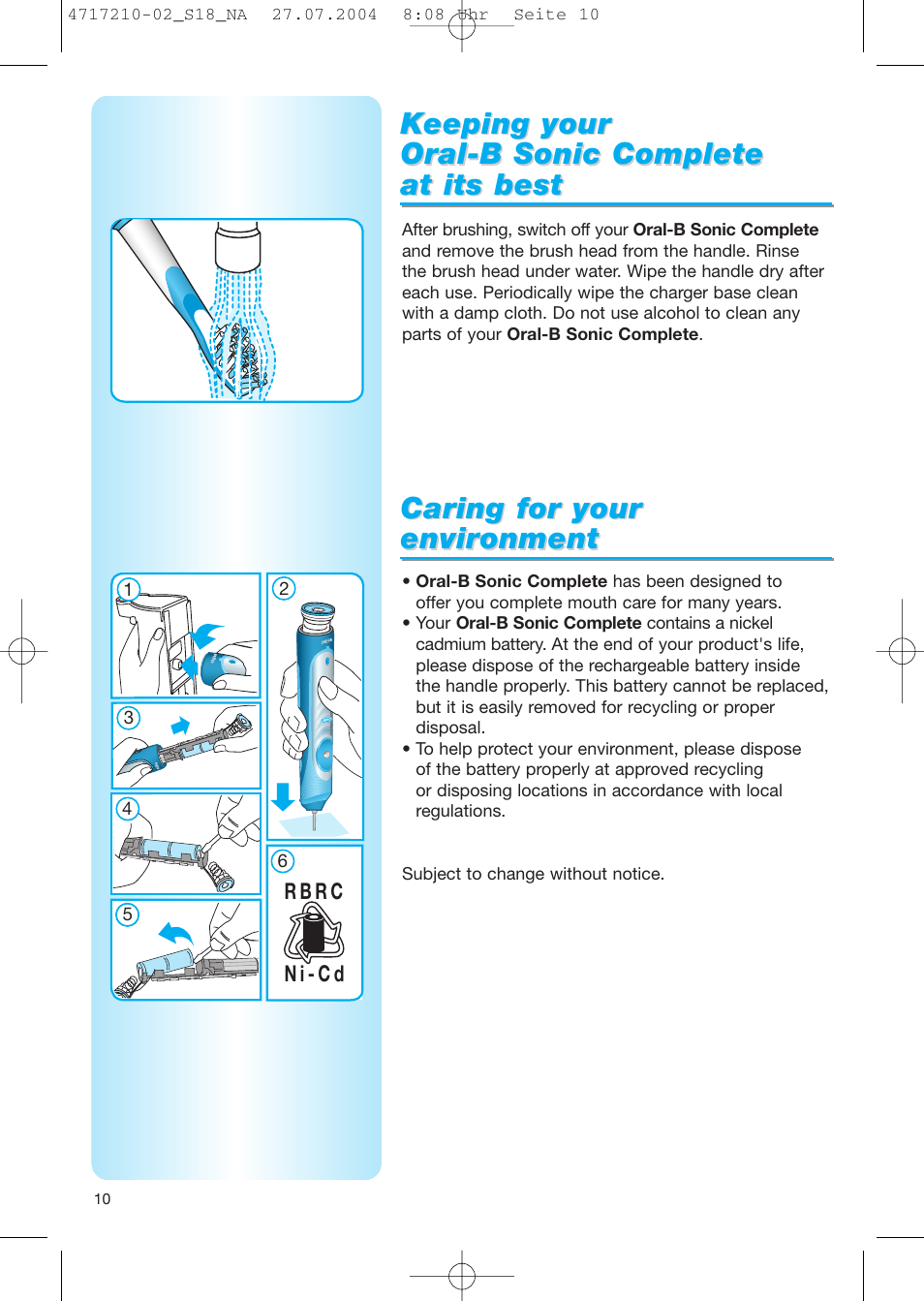 Caring for your, Caring for your envir envir onment onment, Keeping your | Braun Sonic Complete none User Manual | Page 9 / 37