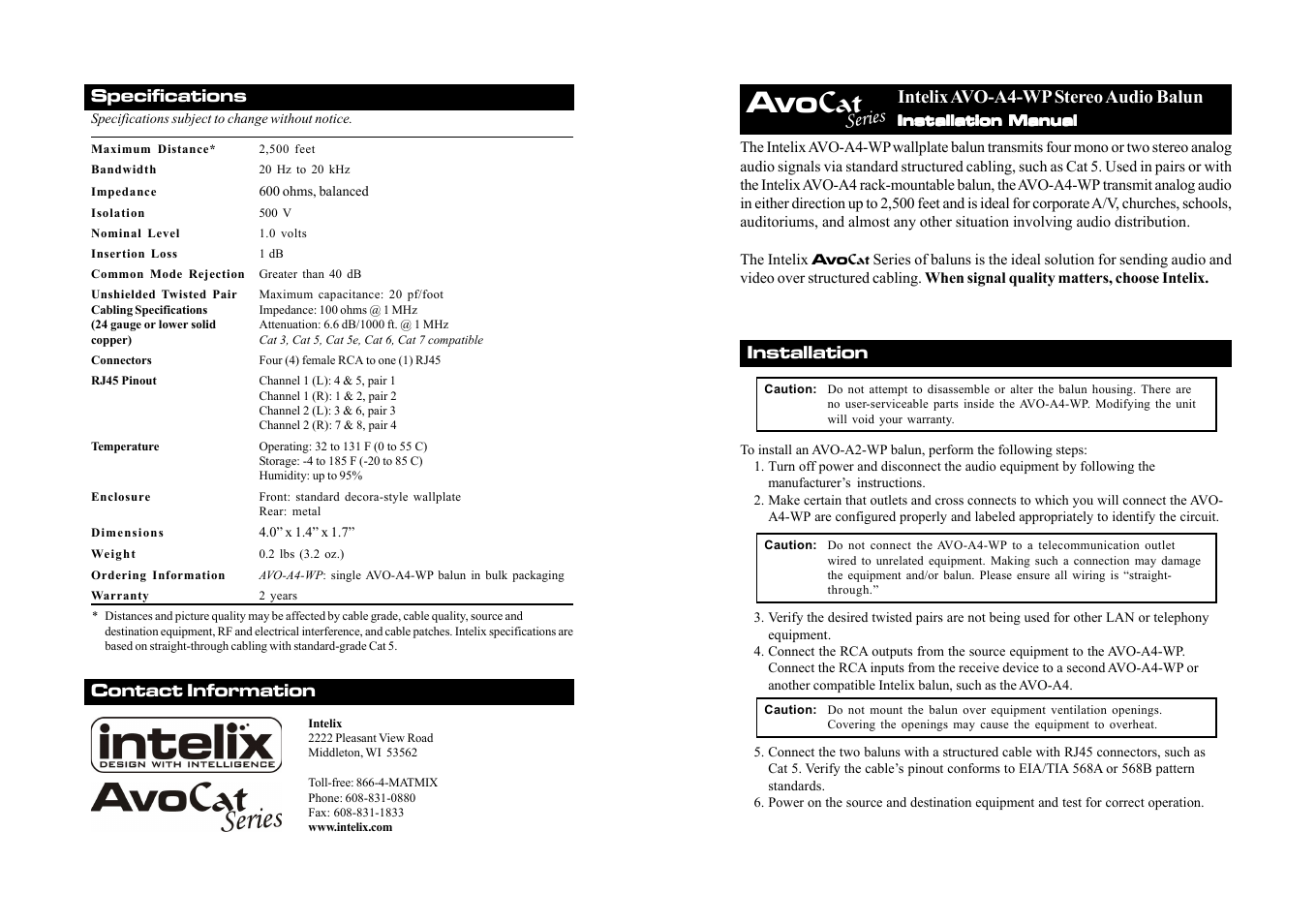 Intelix AVO-A4-WP User Manual | 2 pages