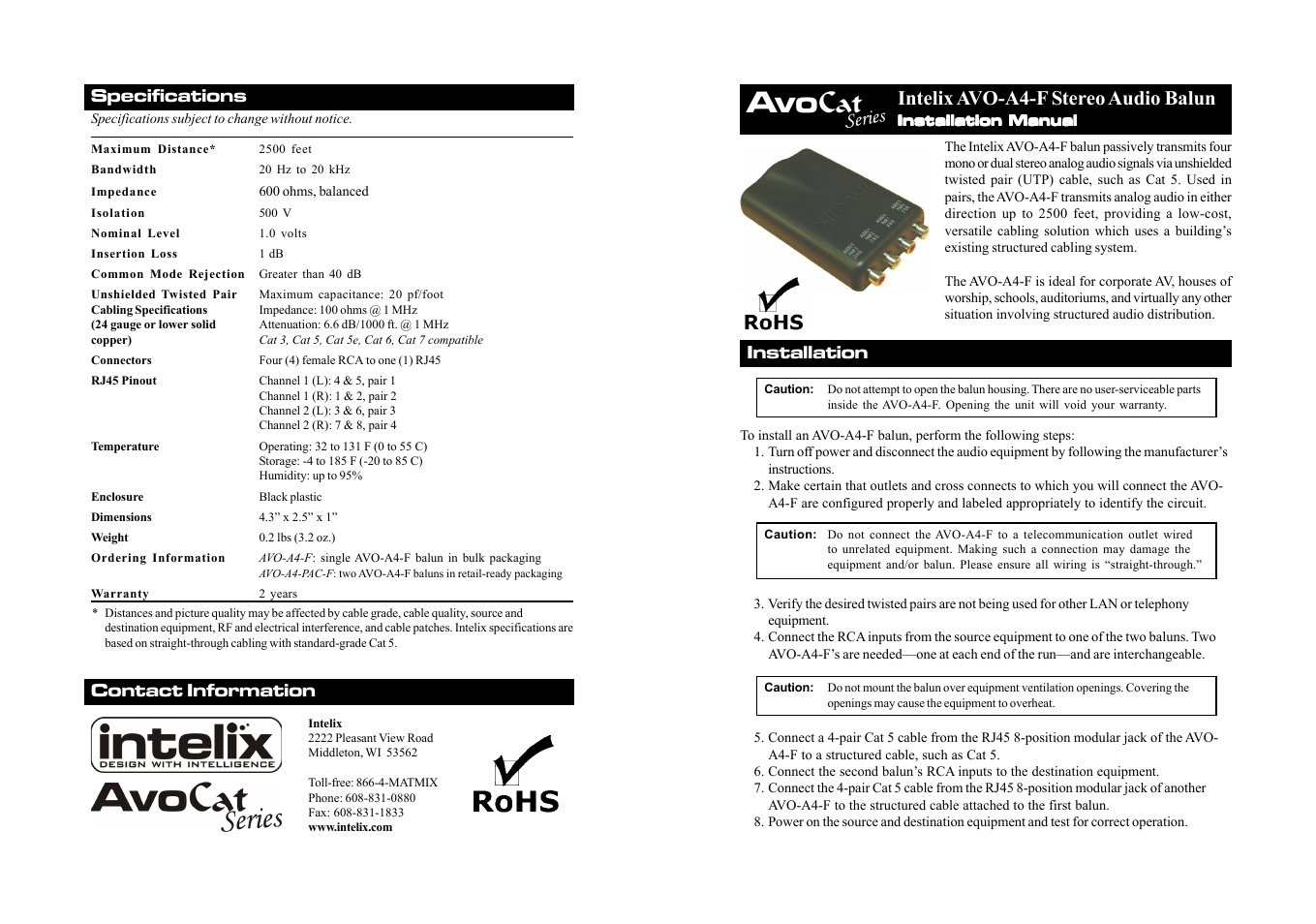 Intelix AVO-A4-F User Manual | 2 pages