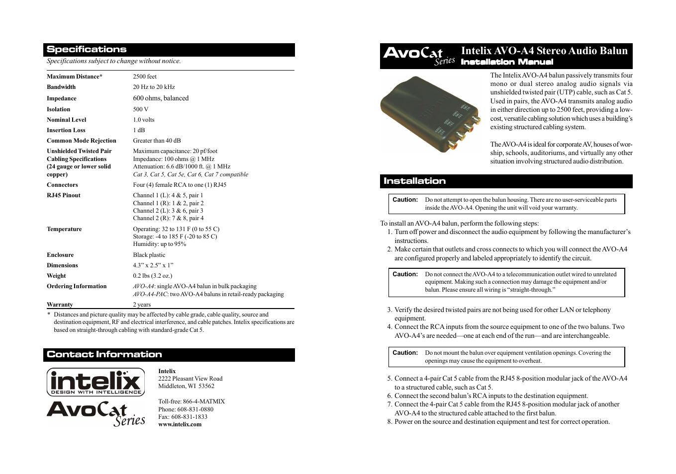 Intelix AVO-A4 User Manual | 2 pages