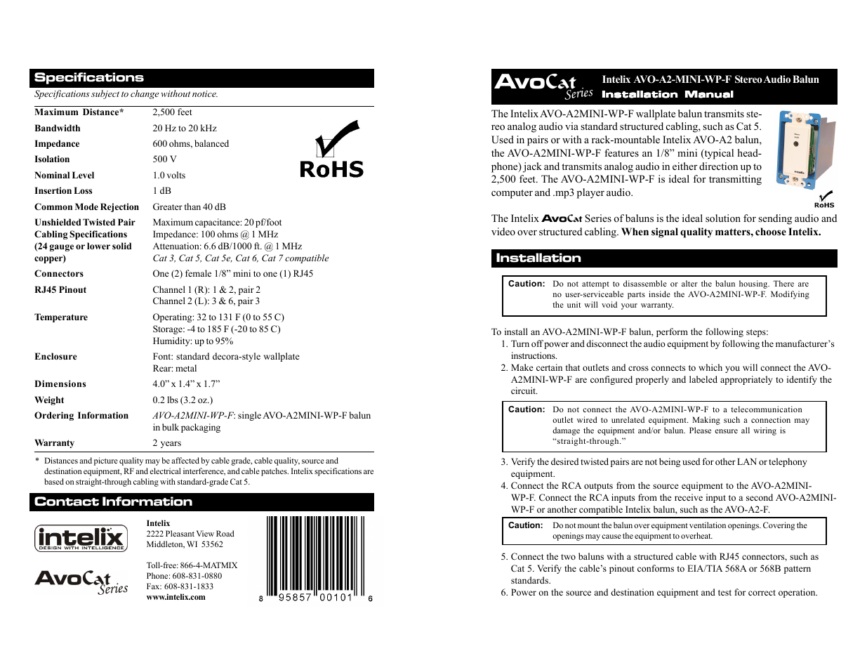 Intelix AVO-A2MINI-WP-F User Manual | 2 pages