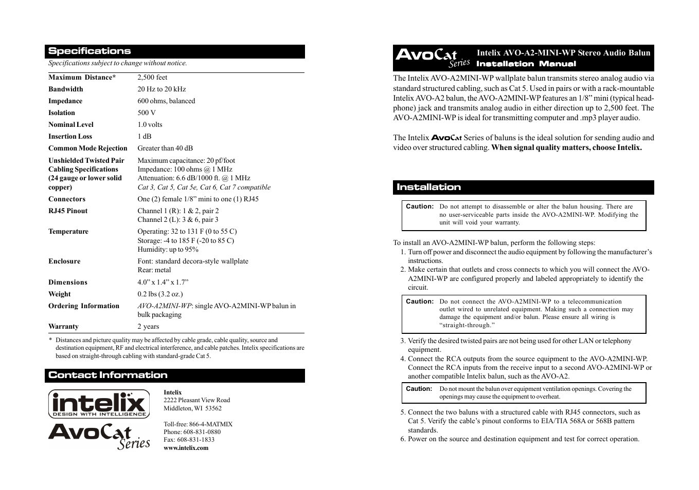 Intelix AVO-A2MINI-WP User Manual | 2 pages