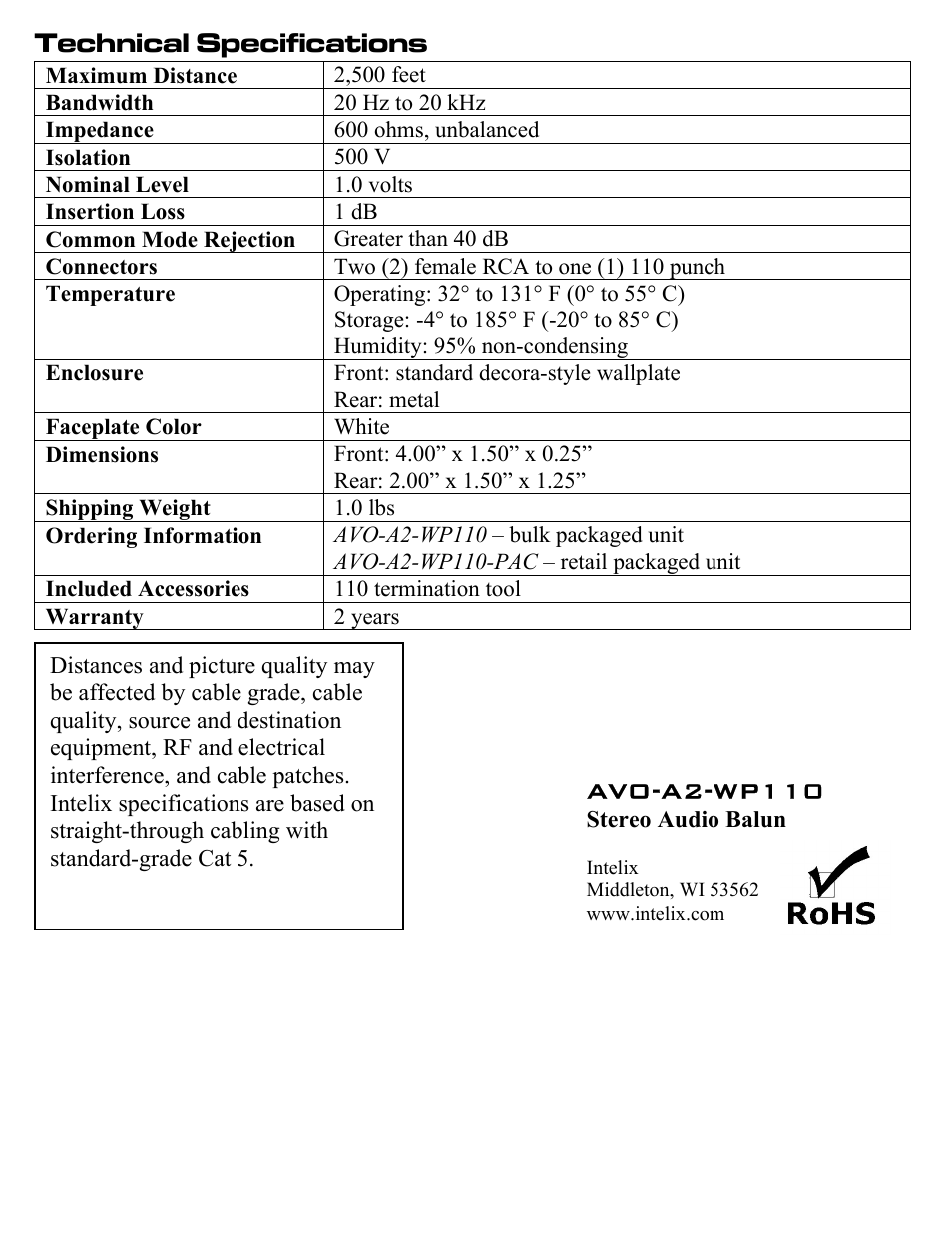 Technical specifications, Avo-a2-wp110 | Intelix AVO-A2-WP110 User Manual | Page 4 / 4