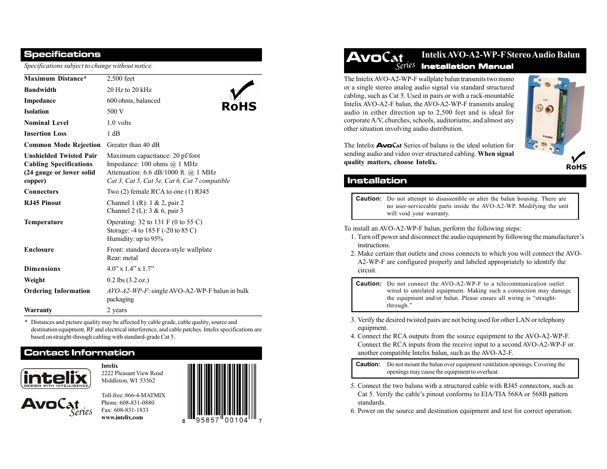 Intelix AVO-A2-WP-F User Manual | 2 pages