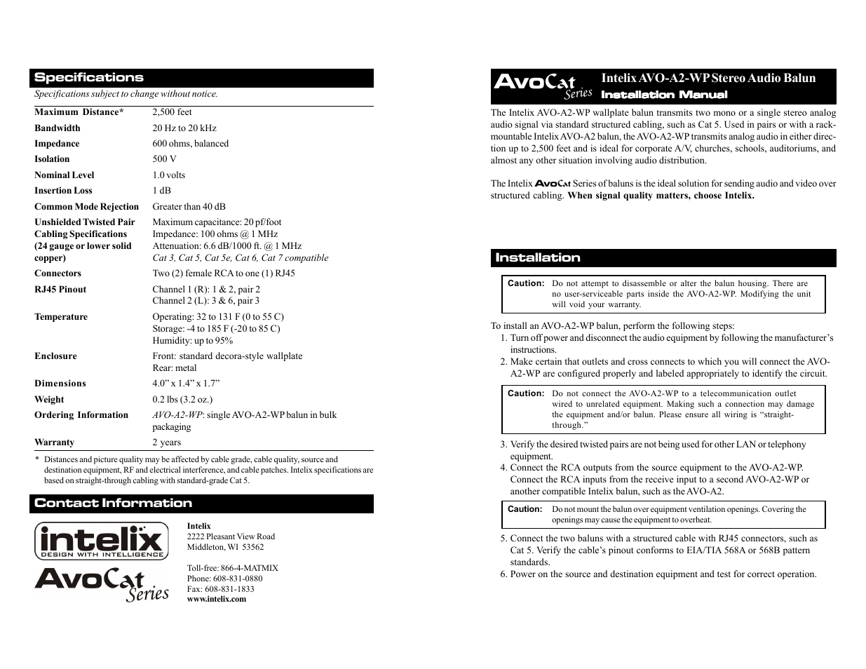 Intelix AVO-A2-WP User Manual | 2 pages