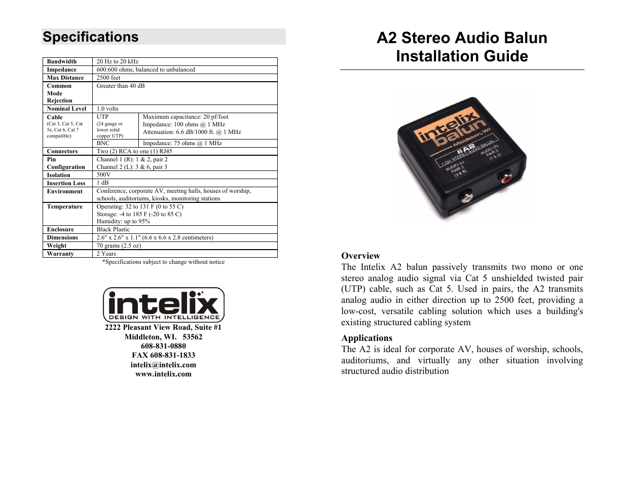 Intelix AVO-A2-F User Manual | 2 pages