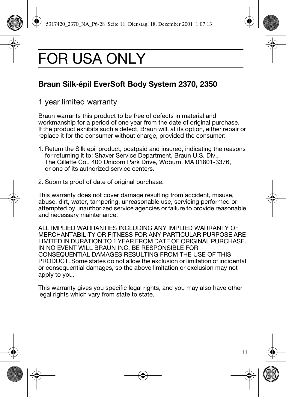 For usa only | Braun 2370 User Manual | Page 11 / 26