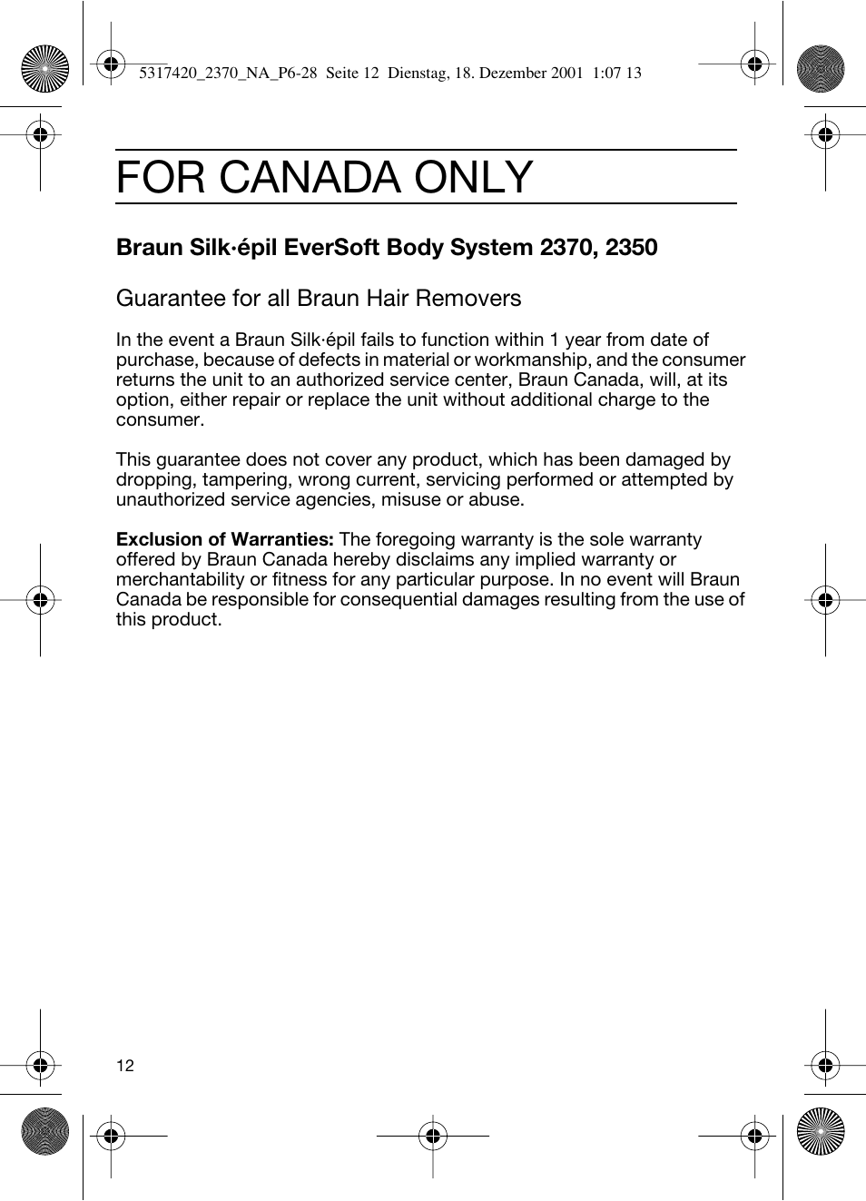 For canada only | Braun 2370 User Manual | Page 12 / 26