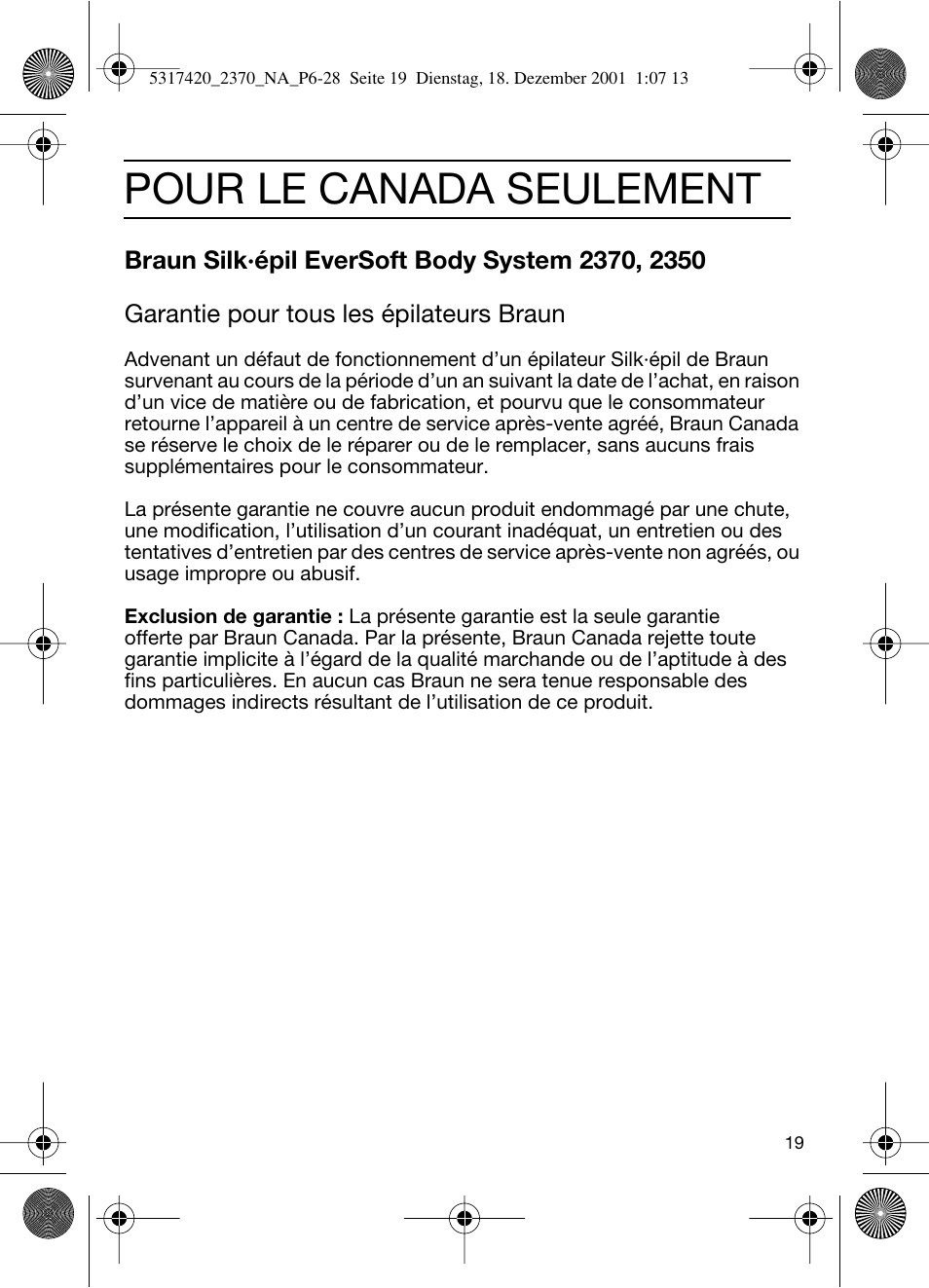 Pour le canada seulement | Braun 2370 User Manual | Page 19 / 26