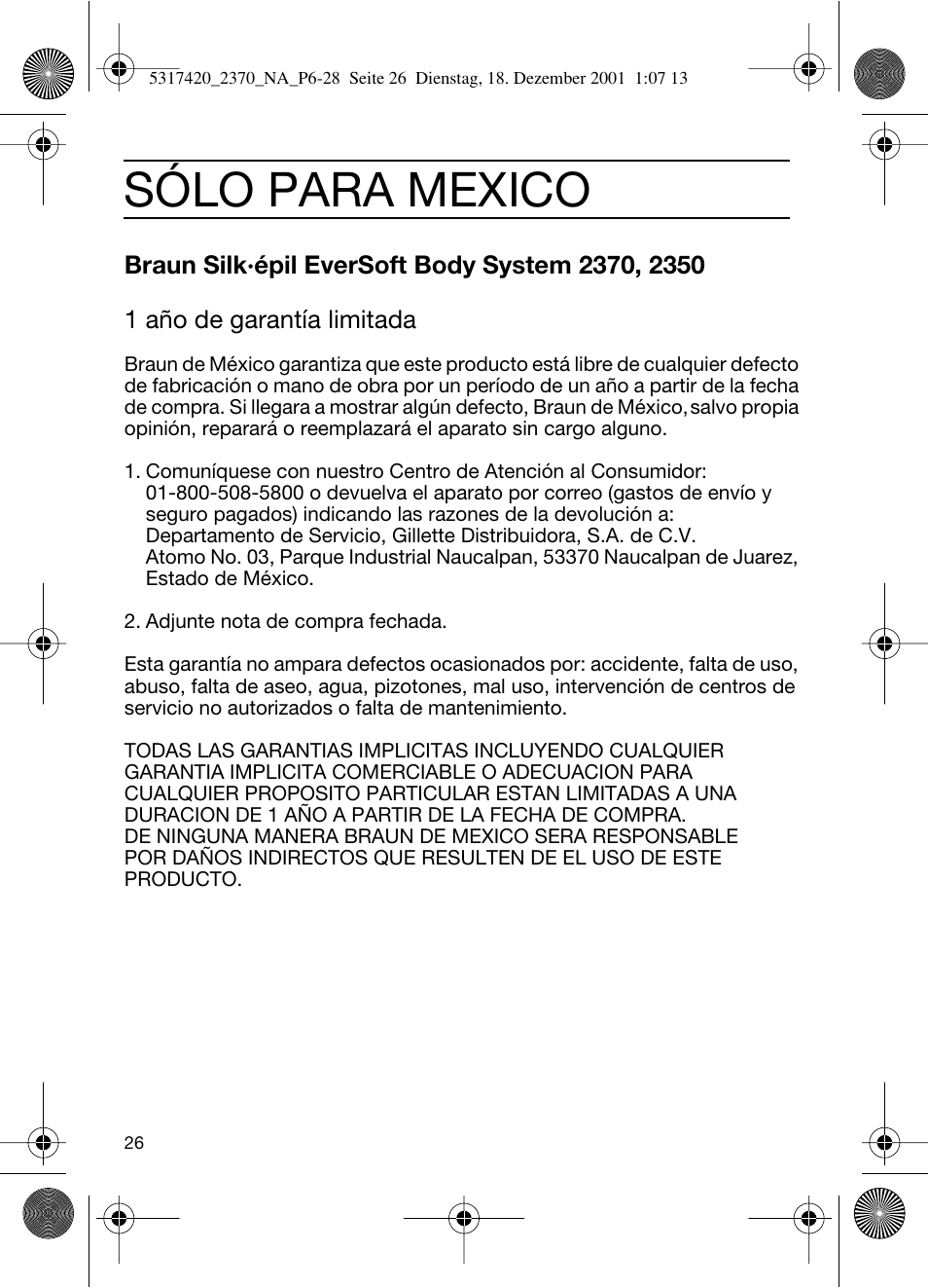 Sólo para mexico | Braun 2370 User Manual | Page 26 / 26