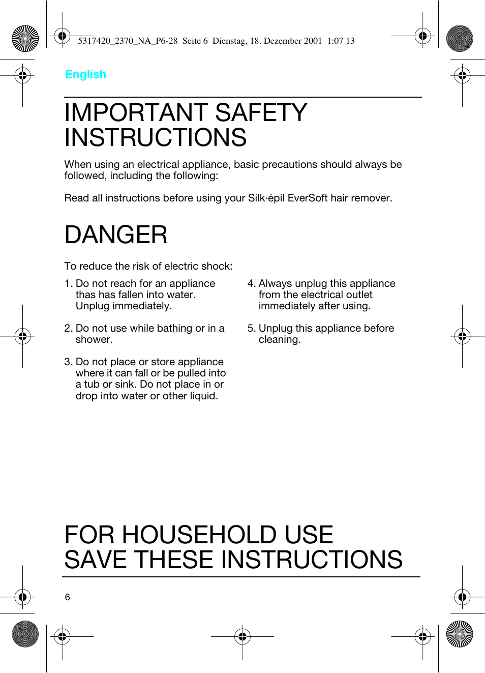 English, Important safety instructions, Danger | For household use save these instructions | Braun 2370 User Manual | Page 6 / 26