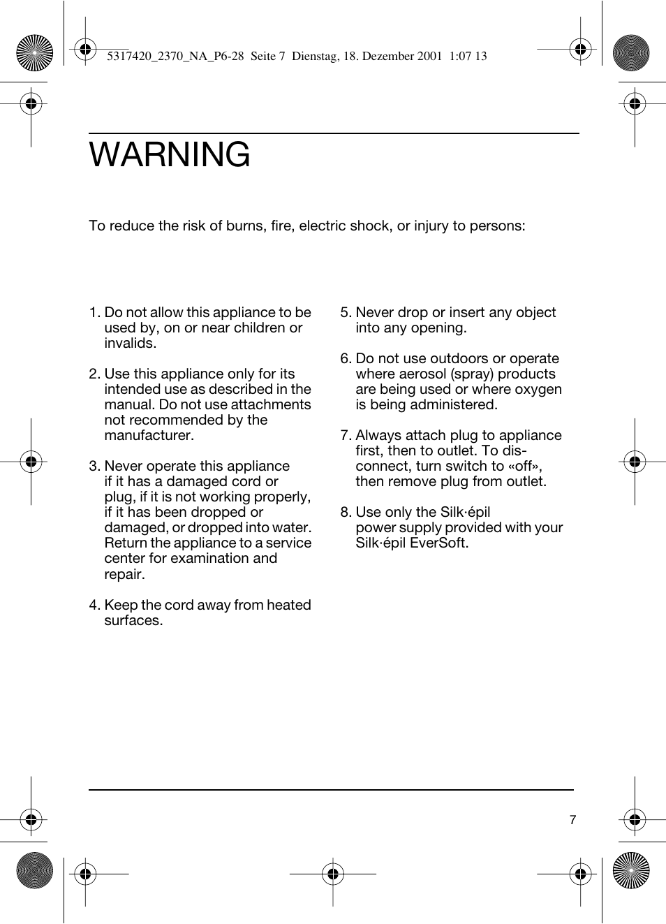 Warning | Braun 2370 User Manual | Page 7 / 26