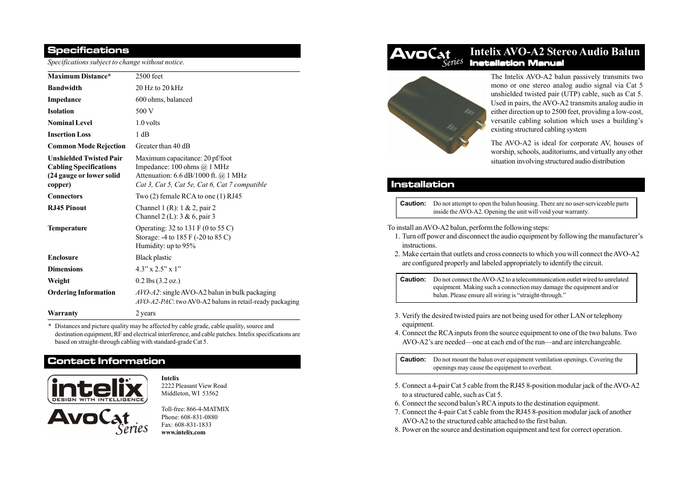 Intelix AVO-A2 User Manual | 2 pages