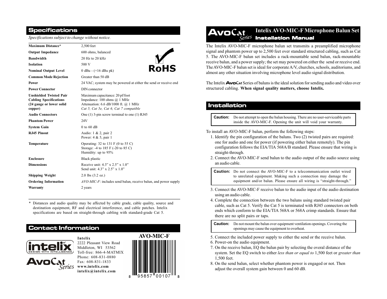 Intelix AVO-MIC-F User Manual | 2 pages