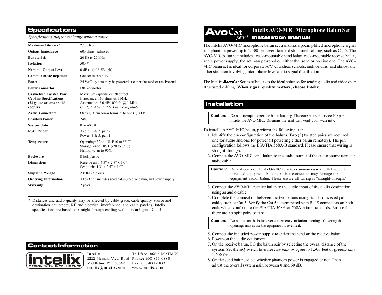 Intelix AVO-MIC User Manual | 2 pages