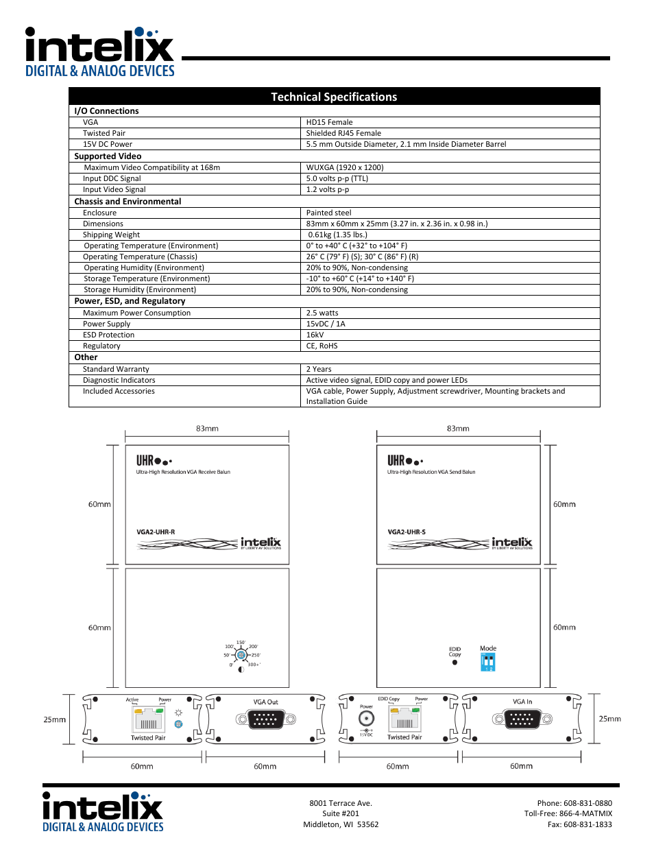 Technical specifications | Intelix VGA2-UHR User Manual | Page 2 / 2