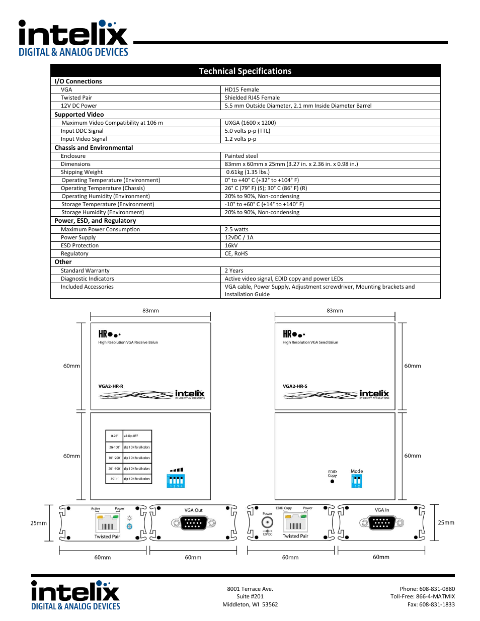 Technical specifications | Intelix VGA2-HR User Manual | Page 2 / 2