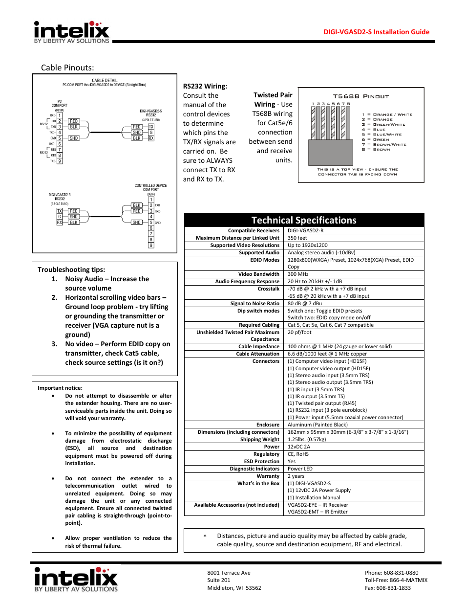 Technical specifications, Cable pinouts | Intelix DIGI-VGASD2-S User Manual | Page 2 / 2