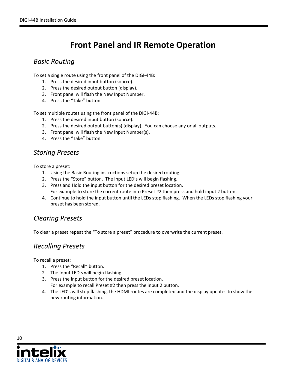 Front panel and ir remote operation, Basic routing, Storing presets | Clearing presets, Recalling presets | Intelix DIGI-44B User Manual | Page 10 / 28