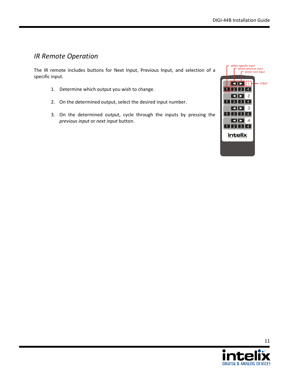 Ir remote operation | Intelix DIGI-44B User Manual | Page 11 / 28