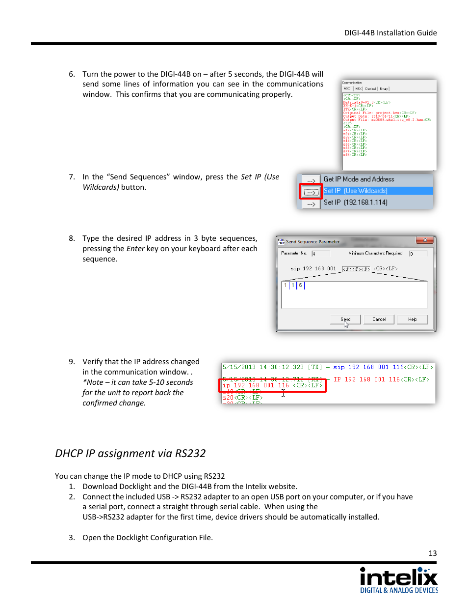 Dhcp ip assignment via rs232 | Intelix DIGI-44B User Manual | Page 13 / 28