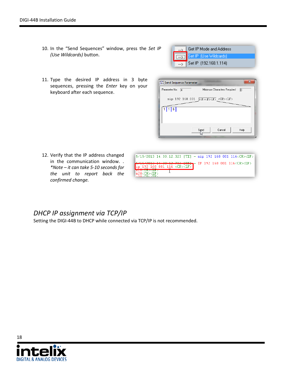Dhcp ip assignment via tcp/ip | Intelix DIGI-44B User Manual | Page 18 / 28