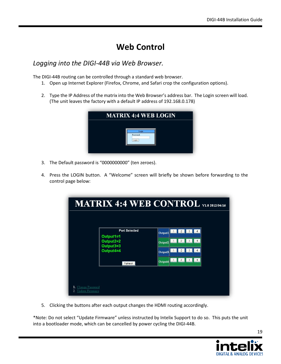 Web control, Logging into the digi-44b via web browser | Intelix DIGI-44B User Manual | Page 19 / 28