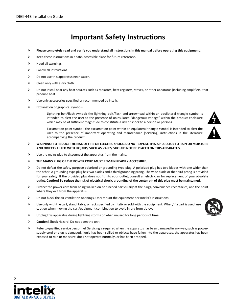Important safety instructions | Intelix DIGI-44B User Manual | Page 2 / 28