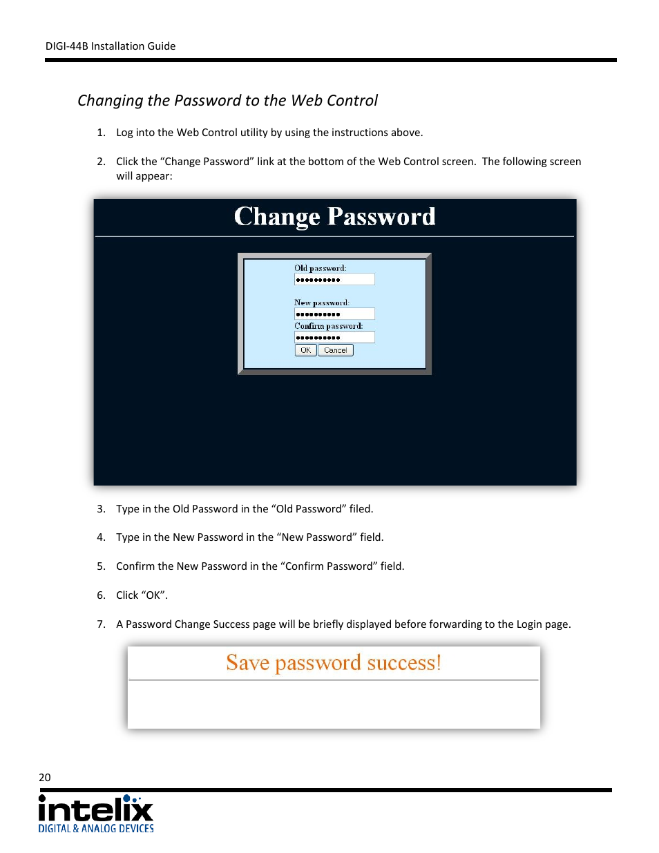 Changing the password to the web control | Intelix DIGI-44B User Manual | Page 20 / 28