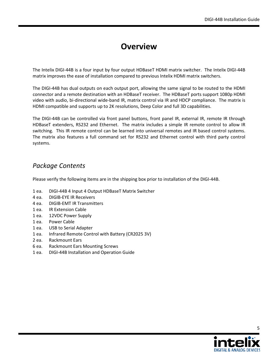 Overview, Package contents | Intelix DIGI-44B User Manual | Page 5 / 28