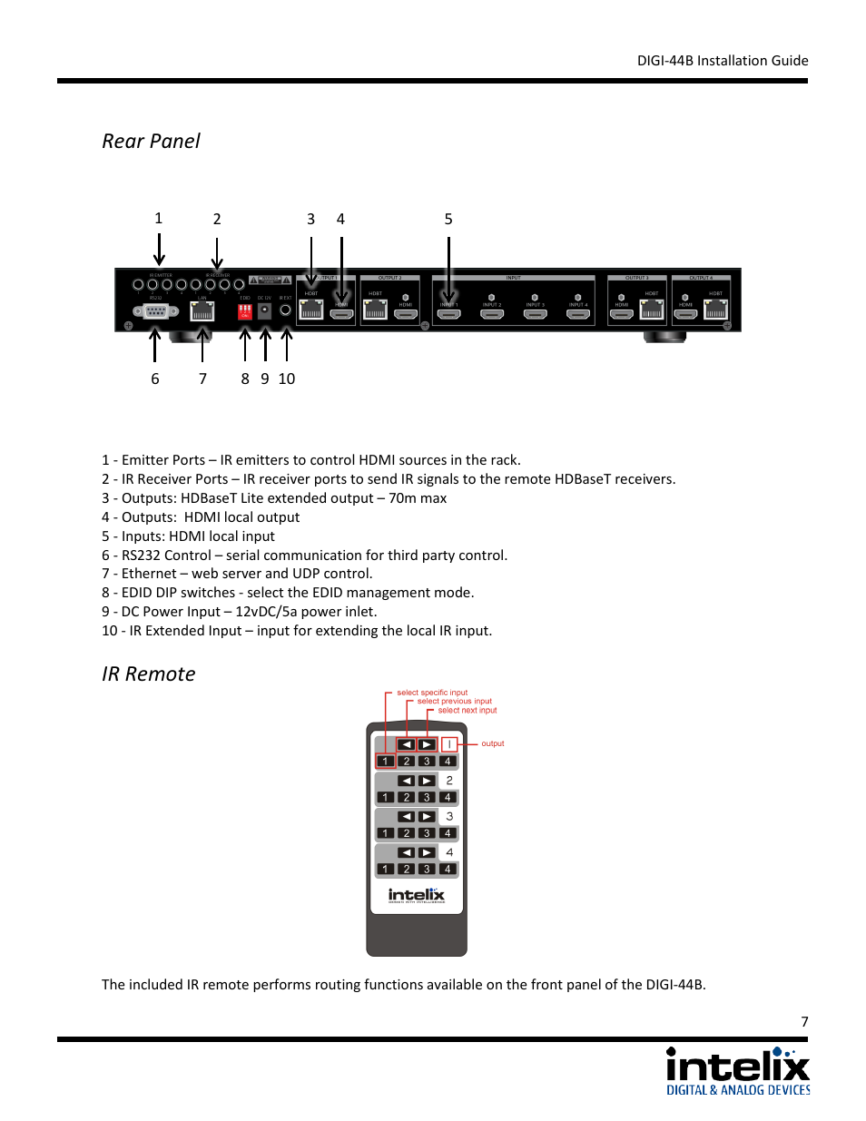 Rear panel, Ir remote, Rear panel ir remote | Intelix DIGI-44B User Manual | Page 7 / 28