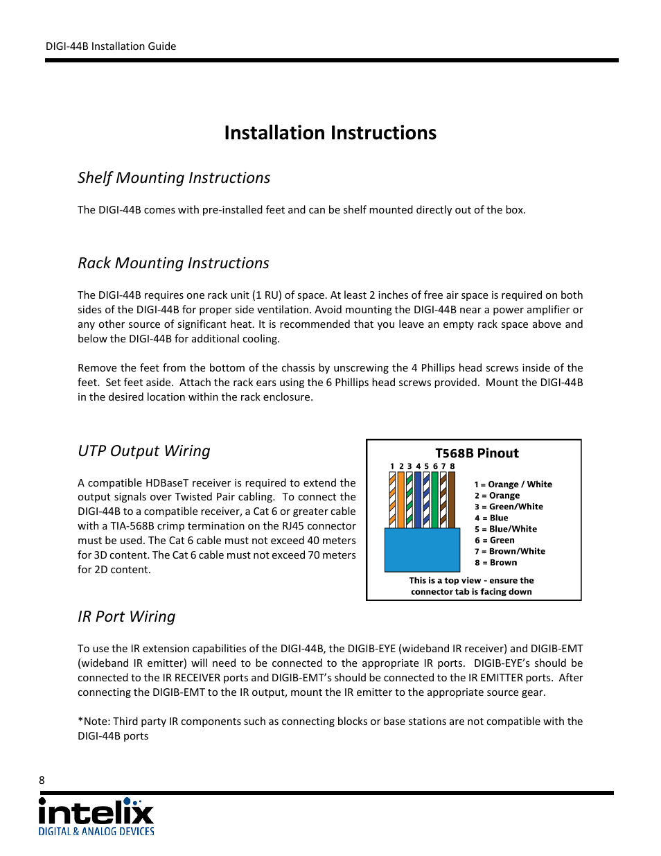 Installation instructions, Shelf mounting instructions, Rack mounting instructions | Utp output wiring, Ir port wiring | Intelix DIGI-44B User Manual | Page 8 / 28